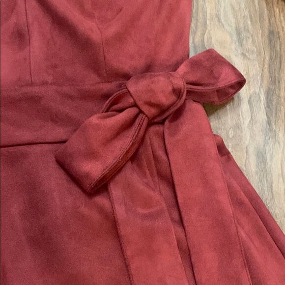 VENUS Faux Suede Maroon A-line Dress with Bell Sleeves - Picture 5 of 10
